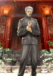 Rule 34 | architecture, buttons, cheekbones, closed mouth, cowlick, east asian architecture, fate/grand order, fate (series), feet out of frame, frown, game cg, grey jacket, grey pants, hair slicked back, hands up, holding own wrist, jacket, li shuwen (fate), li shuwen (old) (fate), long sleeves, looking to the side, official art, old, old man, pants, pocket, red eyes, short hair, standing, third-party source, variant set, wada arco, white hair, wing collar