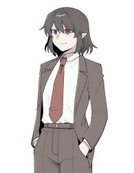 1girl brown_hair brown_jacket brown_pants closed_mouth collared_shirt commentary_request hands_in_pockets highres jacket light_smile long_sleeves necktie no_headwear official_alternate_costume open_clothes open_jacket pants pointy_ears red_eyes red_necktie sakic43899 shameimaru_aya shameimaru_aya_(newsboy) shirt simple_background solo suit_jacket tie_clip touhou white_background white_shirt