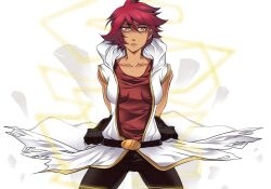 1girl aura belt black_belt black_gloves black_shorts breasts champion_(ragnarok_online) closed_mouth coat collarbone commentary cowboy_shot english_commentary expressionless fumiddition gloves gold_trim hair_between_eyes hood hooded_coat looking_at_viewer medium_breasts orange_eyes ragnarok_online red_hair red_shirt shirt short_hair shorts sleeveless sleeveless_coat solo watermark web_address white_coat