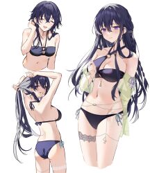 1girl ass asymmetrical_bikini bead_belt belly_chain belt bikini black_bikini breasts cross-laced_clothes cross-laced_sleeves highres hikari_yui ichinose_uruha ichinose_uruha_(vspo!_summer_2024) jewelry long_sidelocks medium_breasts o-ring o-ring_belt o-ring_bikini o-ring_top official_alternate_costume sidelocks simple_background solo swimsuit thigh_beads virtual_youtuber vspo! white_background