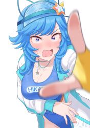 1girl blue_eyes blue_hair blush breasts character_name cleavage embarrassed hat highres hikari_(starward) jacket jewelry long_hair looking_at_viewer necklace official_alternate_costume open_mouth outstretched_arm school_swimsuit solo starward swimsuit w3b_(saviorw3b)