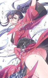 1boy :d ahoge alternate_costume arm_up ass bare_legs bite_mark black_hair black_sash blush chinese_clothes dated floating_clothes floating_hair hair_between_eyes hair_ribbon hanfu hickey highres implied_yaoi kimako_(kimako_8) long_hair long_sleeves looking_at_viewer male_focus modao_zushi no_panties open_mouth pectoral_cleavage pectorals ponytail purple_eyes red_hanfu ribbon robe sash simple_background smile solo splashing thighs trap twitter_username very_long_hair water water_drop watermark wei_wuxian white_background wide_sleeves