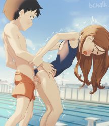 1boy 1girl artist_name ass black_eyes black_hair blue_one-piece_swimsuit blue_sky blurry blurry_background brown_hair butterchalk kodomo_doushi closed_eyes cloud commentary cum day english_commentary hetero highres karakai_jouzu_no_takagi-san loli long_hair looking_at_another nishikata one-piece_swimsuit open_mouth orange_shorts outdoors penis pool pussy sex sex_from_behind short_hair shorts shota sky standing standing_sex swimsuit takagi-san torso_grab trembling uncensored vaginal water