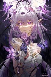 1girl absurdres artist_name black_tiara breasts bug butterfly castorice_(honkai:_star_rail) commentary dress english_commentary flower flower_ornament hair_flower hair_ornament helii_00 highres honkai:_star_rail honkai_(series) insect looking_at_viewer medium_breasts pointy_ears purple_butterfly purple_eyes smile solo teeth tiara upper_body white_dress