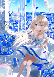 1girl blonde_hair blue_eyes blue_flower blue_rose blue_sky blush cityscape closed_mouth cloud commentary_request day dress flower frilled_dress frills hair_between_eyes hand_up indie_virtual_youtuber indoors long_hair off-shoulder_dress off_shoulder petals rose sitting sky smile solo table uchuuneko uchuuneko_(vtuber) very_long_hair virtual_youtuber water waterfall watering_can watermark white_dress