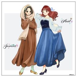2girls animification ariel_(disney) beauty_and_the_beast_(disney) belle_(disney) blue_eyes brown_hair character_name coat company_connection disney_princess long_hair looking_at_viewer meecosme multiple_girls red_hair shirt shoes skirt smile the_little_mermaid_(disney)
