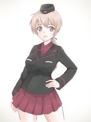 Rule 34 | 1girl, alternate costume, black hat, black jacket, black ribbon, blue eyes, braid, braided ponytail, cowboy shot, dress shirt, garrison cap, girls und panzer, hair ribbon, hand on own hip, hat, highres, insignia, jacket, kuromorimine military uniform, light brown hair, long hair, long sleeves, looking at viewer, lynette bishop, military hat, military uniform, miniskirt, open mouth, pleated skirt, red shirt, red skirt, ribbon, shirt, single braid, skirt, smile, solo, standing, strike witches, tricky 46, wing collar, world witches series