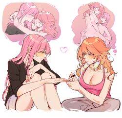 2girls absurdres alternate_costume amlichan blush breasts couple earrings facing_another feather_earrings feathers gradient_hair head_on_another&#039;s_shoulder highres hololive hololive_english hug implied_futanari jewelry large_breasts long_hair mori_calliope multicolored_hair multiple_girls mutual_hug orange_hair pink_hair purple_eyes red_eyes shirt smile takanashi_kiara virtual_youtuber