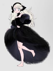 1girl :o barefoot black_dress black_headwear blonde_hair blue_eyes detached_collar detached_sleeves dress dungeon_meshi elf frs2 full_body fur_trim grey_background highres leg_up long_hair looking_down marcille_donato marcille_donato_(lord) open_mouth pointy_ears ribbon simple_background solo spoilers standing standing_on_one_leg