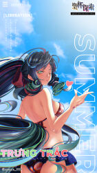 1girl ass ayane_sakura_(ayane_939) back bikini blue_skirt blue_sky breasts character_name fate/grand_order fate_(series) green_eyes green_hair highres long_hair looking_at_viewer looking_back medium_breasts microskirt one_eye_closed puckered_lips red_bikini red_hair sidelocks skirt sky solo swept_bangs swimsuit trung_trac_(fate) wavy_hair