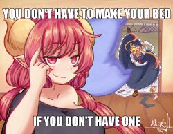 2girls absurdres angry apron bag bed_sheet breasts brown_footwear candy chocolate chromatic_aberration closet clothes_hanger clothes_on_floor doorway dragon_girl dragon_horns dragon_tail dress elbow_gloves english_text female_focus film_grain finger_to_face food gloves grin highres horns huge_breasts ilulu_(maidragon) image_macro_(meme) impact_(font) indoors jitome kobayashi-san_chi_no_maidragon large_breasts long_hair looking_at_another looking_at_viewer maid maid_apron maid_headdress masked_ink meme multicolored_hair multiple_girls necktie off_shoulder open_mouth orange_hair pantyhose pillow pink_eyes pink_hair pointy_ears red_eyes red_hair roll_safe_(meme) shirt shoelaces shoes signature slit_pupils smile smug socks standing sweets tail throwing tohru_(maidragon) twintails unworn_pantyhose unworn_socks watermark white_gloves