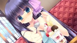 1girl blue_eyes blush breasts cleavage dutch_angle female_focus food foreshortening game_cg gangsta_republica ice_cream long_hair miyasu_risa mizugaki_koori non-web_source purple_hair solo
