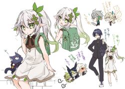 2girls 5boys ahoge alhaitham_(genshin_impact) alternate_costume animal_ears arm_at_side backpack bag black_cat black_hair black_hoodie black_jacket black_pants black_shirt black_sleeves black_undershirt blonde_hair bloomers blue_undershirt book bright_pupils cat collei_(genshin_impact) contemporary cowlick cross-laced_footwear cross-shaped_pupils cyno_(genshin_impact) drawstring dress feather_hair_ornament feathers fox_ears gakuran genshin_impact gradient_hair green_bag green_eyes green_hair grey_hair hair_between_eyes hair_ornament hair_over_one_eye hand_up headpiece heart heart_hair_ornament highres holding holding_book hood hoodie jacket kaveh_(genshin_impact) layered_sleeves long_hair long_sleeves looking_down looking_up mandarin_collar mao_(alepricos) multicolored_hair multiple_boys multiple_girls nahida_(genshin_impact) open_mouth pants pink_eyes pointy_ears pom_pom_(clothes) purple_eyes reading red_eyes scaramouche_(cat)_(genshin_impact) scaramouche_(genshin_impact) school_bag school_uniform shirt shoes short_hair side_ponytail sidelocks sitting sketch stirrup_footwear stirrup_legwear streaked_hair string sweat sweatdrop symbol-shaped_pupils tighnari_(genshin_impact) toeless_legwear translation_request underwear white_background white_bloomers white_dress white_footwear white_hair white_pupils white_shirt white_sleeves yellow_feathers