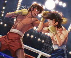 Rule 34 | 1970s (style), 2boys, abs, artist name, ashita no joe, biceps, black hair, blue eyes, boxer, boxing, boxing gloves, boxing ring, boxing shorts, brown hair, carlos rivera, chihiro (jnkch6), commentary request, cowboy shot, dark-skinned male, dark skin, dutch angle, eye contact, legs apart, looking at another, male focus, motion blur, multiple boys, muscular, muscular male, oldschool, open mouth, retro artstyle, short hair, shorts, smile, stage lights, standing, topless male, yabuki joe
