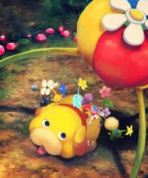 blue_pikmin day flower glow_pikmin grass highres ice_pikmin leaf nintendo no_humans oatchi_(pikmin) outdoors pikmin_(creature) pikmin_(series) pikmin_4 pink_flower purple_pikmin red_pikmin rock_pikmin suyasuyabi tongue twitter_username white_flower white_pikmin winged_pikmin yellow_flower yellow_pikmin