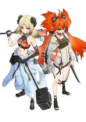 Rule 34 | 2girls, absurdres, arknights, asymmetrical gloves, bare shoulders, black gloves, black shoes, blonde hair, commentary request, cosplay, costume switch, crop top, dress, eyepatch, fingerless gloves, gloves, grin, highres, holding, horns, ifrit (arknights), ifrit (arknights) (cosplay), koleda belobog, koleda belobog (cosplay), long hair, looking at viewer, low twintails, midriff, multiple girls, navel, orange eyes, orange hair, pants, shimizu kazunari, shirt, shoes, short dress, simple background, sleeveless, sleeveless shirt, smile, stomach, twintails, very long hair, white background, white pants, zenless zone zero