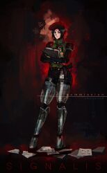 Rule 34 | 1girl, android, beret, black background, black hair, closed mouth, commentary, commission, copyright name, full body, gun, handgun, hat, highres, holding, holstered, kolibri (signalis), looking at viewer, mechanical legs, paper, red background, red hat, russian commentary, short hair, signalis, solo, two-tone background, umariellum, weapon