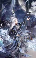 1girl artist_request black_hanfu blue_capelet capelet chinese_clothes crescent_halo facial_mark floral_print flower forehead forehead_mark full_body full_moon game_cg hair_bun hair_flower hair_ornament half_updo halo halo_behind_head hanfu happy highres indoors layered_sleeves light_particles lipstick long_hair long_sidelocks long_sleeves makeup moon moonset_(shining_nikki) night night_sky nikki_(series) official_art open_mouth outstretched_arm peacock_feathers petals pillow qingyue_(shining_nikki) red_lips shining_nikki sidelocks single_hair_bun sitting sky smile smoke solo tiara tile_floor tiles very_long_hair white_flower white_hair white_halo wide_sleeves yellow_eyes