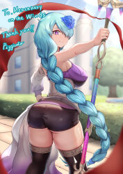 1girl ass bare_shoulders black_shorts blush borrowed_character braid breasts flower from_behind green_hair hair_flower hair_ornament hair_over_one_eye highres huge_ass large_breasts long_hair looking_at_viewer looking_back original pizzicato_il purple_eyes sarong short_shorts shorts sideboob smile solo staff thick_thighs thighhighs thighs very_long_hair