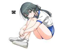 1girl :t bare_arms bare_legs blue_buruma blush buruma character_name commentary_request crossed_ankles dated fingernails full_body gakuen_idolmaster green_eyes green_hair gym_shirt gym_uniform hair_flaps hamao head_rest highres hugging_own_legs idolmaster invisible_chair knees_up long_hair looking_at_viewer shirt shoes simple_background sitting sneakers solo translated tsukimura_temari very_long_hair white_background white_shoes