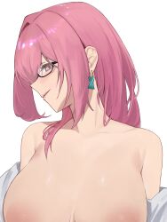 1girl bare_shoulders black-framed_eyewear collarbone earrings highres jaihu jewelry long_hair looking_at_viewer off_shoulder out-of-frame_censoring parted_lips pink_hair solo tsukishiro_yanagi zenless_zone_zero
