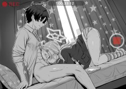 1boy 1girl abs absurdres ahoge ass bar_censor blue_archive blush cellphone censored closed_eyes collared_shirt commentary curtains fellatio fuzume grin hair_ornament halo hand_on_another&#039;s_head highres indoors jacket lanyard loli long_hair long_sleeves monochrome no_pants on_bed open_clothes open_shirt oral outline panties pearl_hair_ornament penis phone pillow recording reisa_(blue_archive) sailor_collar school_uniform sensei_(blue_archive) serafuku shirt sitting skirt sleeves_rolled_up smile socks star_(symbol) star_hair_ornament star_halo star_print striped_clothes striped_panties striped_socks sweat sweatdrop underwear white_outline window