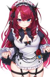 1girl absurdres apron black_headdress blue_eyes blunt_bangs breasts chest_bow cleavage clothes_lift frills heterochromia highres hololive hololive_english horns irys_(hololive) irys_(maid)_(hololive) jan_azure long_hair long_sleeves looking_at_viewer maid multicolored_hair official_alternate_costume official_alternate_hairstyle pointy_ears puffy_sleeves purple_eyes red_hair skirt skirt_lift smile solo streaked_hair thigh_strap thighs virtual_youtuber white_apron