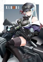 1girl artist_name assault_rifle b-luck_coffee baseball_cap black_gloves black_hat black_thighhighs blue_hair breasts character_name commentary covenant_halo_(girls&#039;_frontline_2) cross_hair_ornament dated english_commentary explosive flashbang girls&#039;_frontline girls&#039;_frontline_2:_exilium gloves green_eyes grenade gun h&amp;k_hk416 hair_ornament hat highres hk416_(girls&#039;_frontline) holding holding_gun holding_weapon jacket klukai_(girls&#039;_frontline_2) long_hair looking_at_viewer motor_vehicle motorcycle off_shoulder ponytail purple_jacket rail_(weapon) reflex_sight rifle sidelocks simple_background solo suppressor tattoo teardrop_facial_mark teardrop_tattoo thighhighs twitter_username weapon