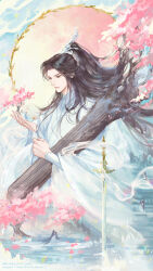 2boys absurdres blood brown_eyes brown_hair chinese_clothes chu_wanning cloud danke_reverse_d erha_he_tadebai_mao_shizun flower guqin half_updo hanfu high_ponytail highres holding holding_instrument hug instrument long_hair long_sleeves looking_down male_focus mo_ran multiple_boys multiple_views pink_flower ponytail sword tree water weapon white_hanfu wide_sleeves xiao_guan_(headdress) yaoi