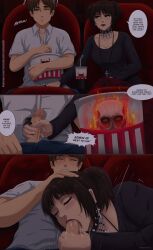 1boy 1girl absurdres couple cup deepthroat disposable_cup english_text erection eren_yeager fellatio food forbidden_creations69 goth_fashion handjob highres irrumatio lipstick makeup mikasa_ackerman oral popcorn shingeki_no_kyojin sitting speech_bubble theater
