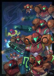 arm_cannon armor assault_visor blue_visor full_armor green_visor helmet highres metroid metroid:_other_m metroid:_samus_returns metroid:_zero_mission metroid_(classic) metroid_2:_return_of_samus metroid_dread metroid_fusion metroid_prime metroid_prime:_federation_force metroid_prime_2:_echoes neon_trim nintendo power_armor power_suit_(metroid) samus_aran science_fiction shoulder_pads varia_suit wakaba_(wata_ridley) watermark weapon
