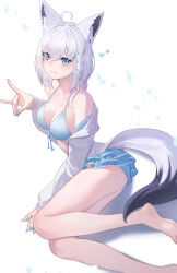 Rule 34 | absurdres, ahoge, animal ear fluff, animal ears, aqua bikini, aqua nails, bikini, bikini skirt, blush, braid, breasts, cleavage, closed mouth, collarbone, foot out of frame, fox ears, fox girl, fox shadow puppet, fox tail, highres, hololive, hoshirapu, long hair, medium breasts, official alternate costume, official alternate hairstyle, shirakami fubuki, shirakami fubuki (hololive summer 2019), simple background, smile, swimsuit, tail, very long hair, white background, white hair