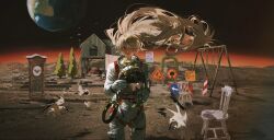 1girl ainimo5 astronaut bird blonde_hair blue_eyes chair cowboy_shot earth_(planet) floating_hair gloves helmet highres holding holding_helmet long_hair looking_at_viewer moon original outdoors planet rabbit road_sign sign sky solo space space_helmet spacesuit standing star_(sky) table unworn_headwear unworn_helmet very_long_hair