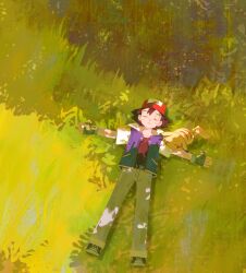 Rule 34 | 1boy, ash ketchum, closed eyes, closed mouth, commentary request, day, explodjelly, fingerless gloves, from above, gen 1 pokemon, gloves, grass, green gloves, hat, highres, jacket, lying, male focus, nintendo, on back, outdoors, pants, pikachu, pokemon, pokemon (anime), pokemon (classic anime), pokemon (creature), red hat, shadow, shirt, shoes, short hair, sleeping