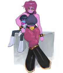 Rule 34 | 1girl, 1other, abs, arm around neck, armor, black boots, black choker, black hair, black pants, blue skin, boots, breasts, cheenmachine2, choker, colored skin, cube, deltarune, hair between eyes, heart belt, kris (dark world) (deltarune), kris (deltarune), looking at another, medium breasts, no eyes, pants, pink pants, purple hair, purple scarf, purple skin, scarf, shaded face, short hair, simple background, sitting, sleeveless, spiked wristband, susie (dark world) (deltarune), susie (deltarune), white background, white boots, yellow eyes