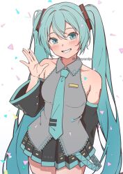 1girl amayomiyu aqua_eyes aqua_hair aqua_necktie arm_behind_back armpit_crease bare_shoulders black_skirt black_sleeves blush collarbone commentary detached_sleeves grey_shirt grin hair_ornament hatsune_miku looking_at_viewer miniskirt necktie pleated_skirt shirt shoulder_tattoo skirt sleeveless sleeveless_shirt smile solo standing tattoo triangle twintails twitter_username vocaloid waving white_background