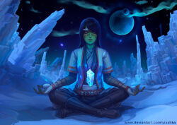 1girl alien artist_name black_boots black_hair black_pants boots colored_skin crystal deviantart_username extra_moons green_skin meditation mirialan moon night outdoors pants sitting solo star_wars telekinesis watermark web_address yioshka