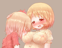 2girls aki_minoriko aki_shizuha arinu blonde_hair blush breast_sucking breast_sucking_through_clothes breasts brown_background close-up hair_ornament hand_on_another&#039;s_head highres incest leaf_hair_ornament multiple_girls open_mouth puffy_short_sleeves puffy_sleeves red_eyes short_hair short_sleeves siblings sisters touhou upper_body wet yuri