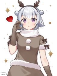 1girl :o antlers binchou_maguro blunt_bangs blush brown_dress brown_gloves cevio commentary_request cowboy_shot dated deer_antlers double_bun dress fake_antlers fur-trimmed_dress fur-trimmed_sleeves fur_trim gloves grey_hair hair_bun hair_ornament hairclip half-heart_hands hand_up heart highres horns koharu_rikka looking_at_viewer open_mouth pom_pom_(clothes) purple_eyes short_hair short_sleeves signature simple_background solo synthesizer_v white_background