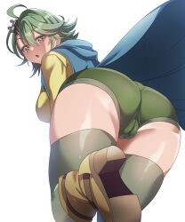 1girl ahoge ass blue_jacket boots br1ske7 breasts cameltoe colored_eyelashes floating_clothes genderswap genderswap_(mtf) green_eyes green_hair green_shorts green_thighhighs hair_ornament hairclip high_heel_boots high_heels highres jacket kamen_rider kamen_rider_w large_breasts looking_at_viewer looking_down open_mouth philip_(kamen_rider) shirt short_hair shorts sleeveless sleeveless_jacket solo thighhighs tight_clothes tokusatsu white_background yellow_boots yellow_shirt