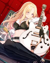 Rule 34 | 1girl, amplifier, belt, black boots, blonde hair, blush, boots, breasts, closed mouth, crop top, cropped shirt, electric guitar, fingerless gloves, gakuen idolmaster, gloves, guitar, highres, holding, holding guitar, holding instrument, idolmaster, instrument, juo sena, long hair, long sleeves, looking at viewer, medium breasts, midriff, multicolored hair, navel, pink hair, purple eyes, retsuna, skirt, smile, solo, streaked hair, thigh boots, two-tone hair, very long hair, white skirt