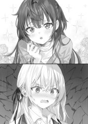 2girls :o absurdres alisa_mikhailovna_kujou blush collared_shirt commentary_request crossed_bangs embarrassed furrowed_brow greyscale hair_between_eyes hair_ribbon hand_up highres long_hair looking_at_viewer momoko_(momopoco) monochrome multiple_girls novel_illustration official_art open_mouth ribbon school_uniform second-party_source seiren_academy_school_uniform shirt sparkle_background suou_yuki sweat tokidoki_bosotto_roshia-go_de_dereru_tonari_no_alya-san wing_collar