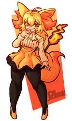 Rule 34 | absurdres, ahoge, animal ears, artist request, blonde hair, blush, braid, braixen, breasts, dress, evil smile, fire, full body, gen 6 pokemon, high heels, highres, humanization, large breasts, nintendo, open mouth, orange background, orange eyes, orange fur, personification, pokemon, shoes, simple background, skirt, smile, tail, white background, yellow eyes