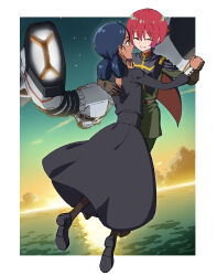 2girls ^_^ aircraft amate_yuzuriha back_cutout belt black_dress black_hair black_shoes boots border brown_belt brown_boots brown_gloves closed_eyes clothing_cutout cloud commentary_request dancing dark-skinned_female dark_skin double_bun dress flying full_body gloves green_eyes green_jacket green_pants grin gundam gundam_gquuuuuux hair_between_eyes hair_bun hand_on_another&#039;s_back highres holding_hands horizon jacket lalah_sune long_dress loose_hair_strand medium_hair military_uniform multiple_girls ocean open_mouth outside_border pants pantyhose red_hair science_fiction shoes short_hair sky sleeve_cuffs smile star_(sky) sun sunset surprised uemukai_dai vehicle_request waltz_(dance) white_border yuri zeon