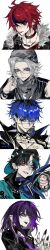Rule 34 | 5boys, alternate costume, aotsuki eito, backwards hat, binxngchng1, black collar, black gloves, black hair, black hat, black streaks, blue eyes, blue hair, blue scarf, coat, collar, ear piercing, earrings, eye print, eyebrow piercing, eyepatch, face piercing, fingerless gloves, fur-trimmed coat, fur trim, glasses, gloves, grey hair, hat, highres, jewelry, labret piercing, long image, looking at viewer, male focus, maruko gaku, multicolored hair, multiple boys, multiple rings, name tag, necklace, necktie, omokage yugamu, one eye closed, piercing, pink eyes, portrait, print eyepatch, purple hair, purple necktie, red eyes, red hair, ring, scarf, short hair, smile, spiked collar, spikes, streaked hair, sumino takumi, tall image, the hundred line -last defense academy-, thumbs down, tongue piercing, tsukumo ima