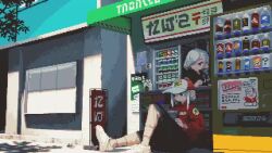 2girls animated awning blue_eyes bottle building can cigar counter day display_case handheld_game_console hat jacket looping_animation maneki-neko multiple_girls original otnweo pixel_art playing_games red_jacket shop sign sitting smoke smoking vending_machine video white_hair