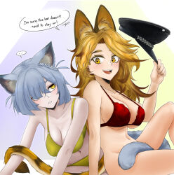 ... 2girls animal_ear_fluff animal_ears arknights arm_support bare_shoulders black_hat blonde_hair blue_hair blunt_bangs bottomless bra braid breasts cat_ears cat_girl cat_tail collarbone commentary delphine_(arknights) dokonjou_(odossan) english_commentary english_text fang feet_out_of_frame from_side green_bra green_panties groin hair_over_one_eye hat highres holding holding_unworn_clothes holding_unworn_hat knee_up large_breasts leaning_on_person light_blush long_hair looking_at_another looking_to_the_side multiple_girls navel open_mouth panties parted_bangs parted_lips peaked_cap quercus_(arknights) red_bra short_hair shoulder-to-shoulder simple_background single_braid sitting slit_pupils smile spoken_ellipsis stomach strap_gap tail tail_wrap teeth tongue two-tone_background underboob underwear underwear_only unworn_hat unworn_headwear yellow_eyes yuri