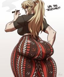 Rule 34 | 1girl, 4ces, ass, balalaika (black lagoon), black lagoon, black shirt, blonde hair, breasts, burn scar, cigar, english text, forbidden pants, from behind, hammer and sickle, highres, holding, holding cigar, huge ass, huge breasts, large breasts, long hair, meme attire, ponytail, scar, shirt, smoke, thighs