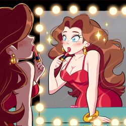 1girl arm_support artist_name bare_arms bare_shoulders blue_eyes blush bracelet breasts brown_hair cleavage collarbone commentary cosmetics donkey_kong_(series) dress earrings english_commentary eyeshadow floating_earrings freckles gold_bracelet gold_earrings halter_dress halterneck hand_up highres holding holding_lipstick_tube jewelry large_breasts lipstick_tube long_hair looking_at_mirror makeup manysart1 mario_(series) mirror nintendo parted_lips pauline_(mario) purple_eyeshadow red_dress red_lips red_nails solo taut_clothes taut_dress wavy_hair