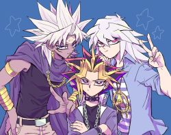 3boys belt_collar black_hair blonde_hair blue_eyes collar crossed_arms dark_skin long_hair looking_at_viewer male_focus millennium_ring multiple_boys purple_eyes red_hair roku_(suzusuzu65972012) smile unamused v white_hair yami_bakura yami_marik yami_yugi yu-gi-oh! yu-gi-oh!_duel_monsters